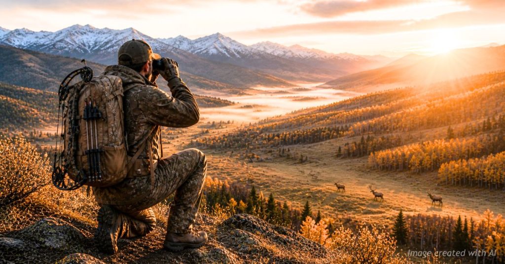 Hunter kneeling with rifle glassing elk herd in Colorado at sunrise
