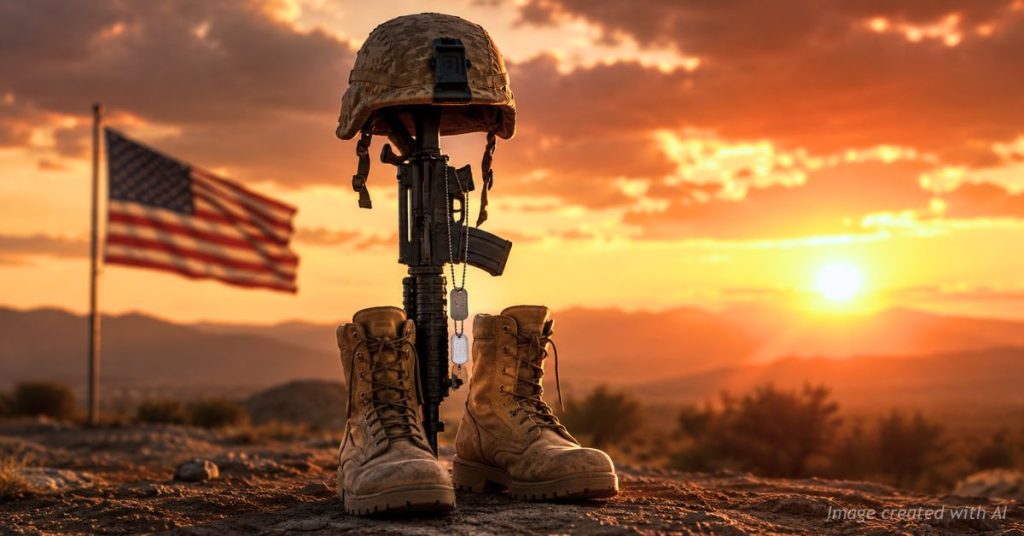 Battlefield memorial with boots rifle and helmet at sunset honoring fallen soldiers
