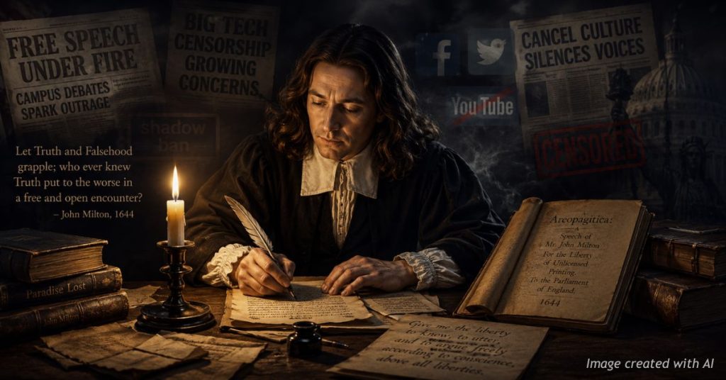 John Milton writing by candlelight beside modern symbols of censorship and free speech.