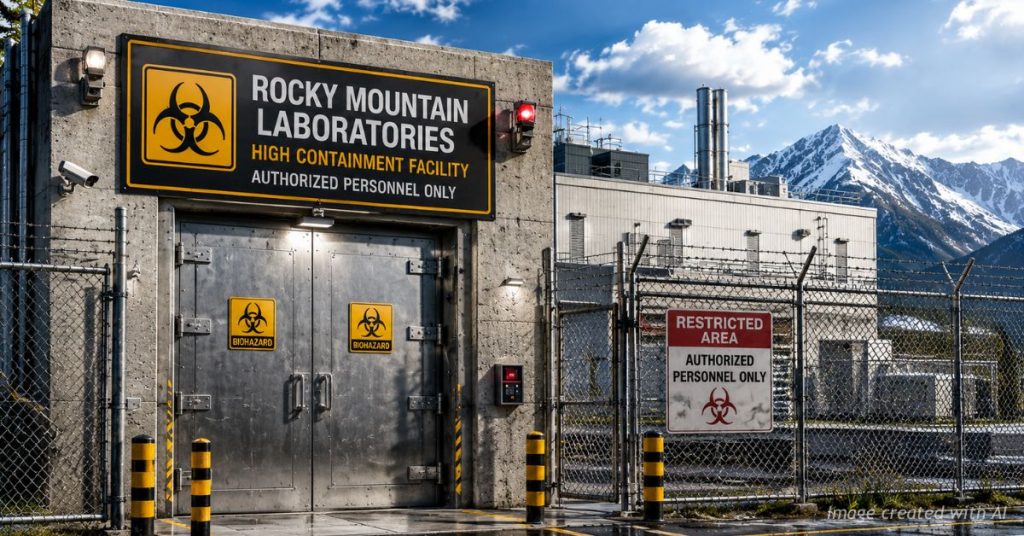 High-security federal laboratory entrance with warning lights and biohazard signs in a mountain setting.