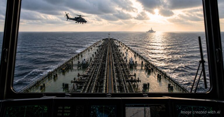 Oil tanker view with US destroyer and Apache helicopter escorting in open waters