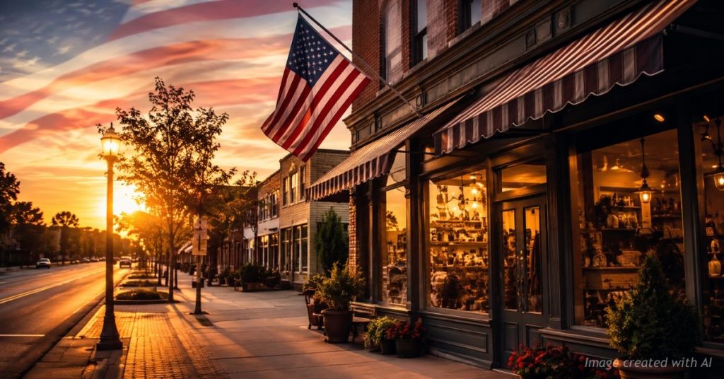 Main Street storefront with patriotic sunrise highlighting small business innovation