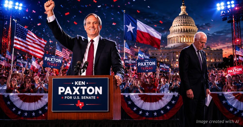 Ken Paxton celebrates victory over John Cornyn at a Texas campaign rally.