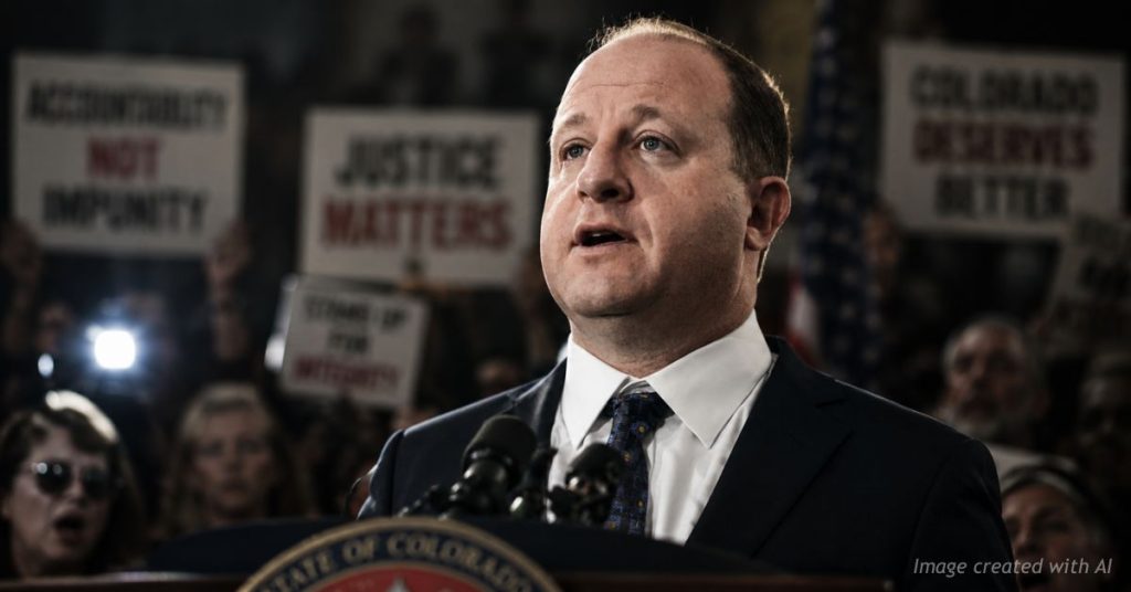 Governor stands resolute at podium as blurred protest crowd forms behind him
