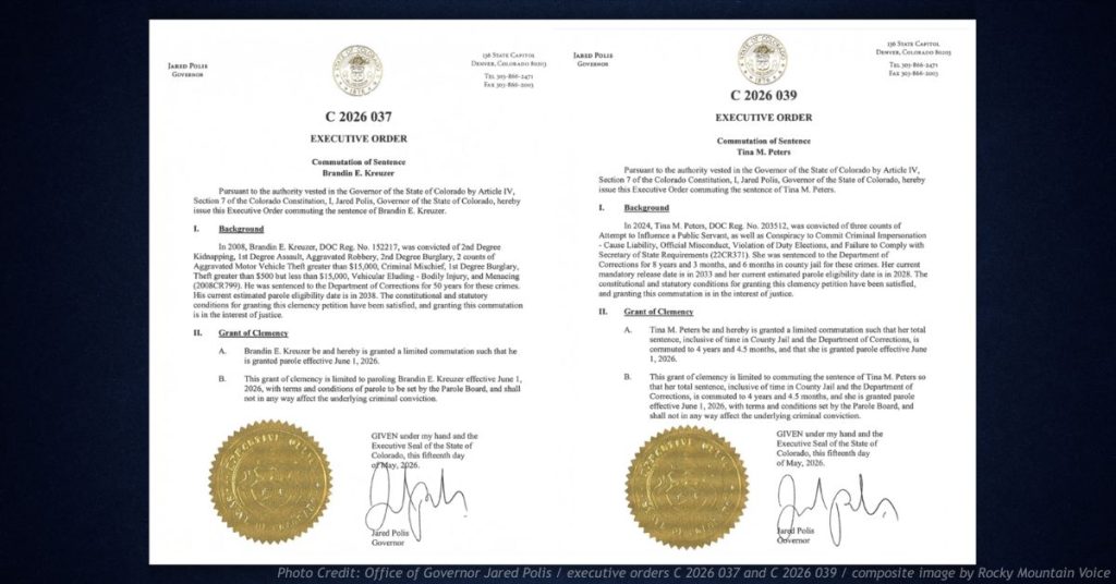 Side-by-side image of two Colorado executive orders signed May 15, 2026, commuting the sentences of Brandin Kreuzer and Tina Peters
