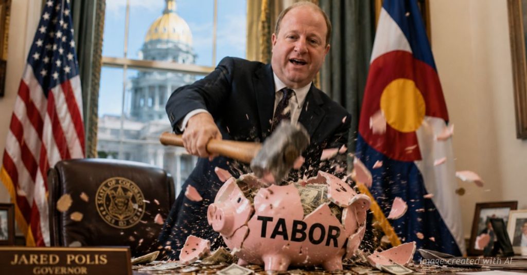 Governor Jared Polis smashing a TABOR piggy bank with money spilling out in Colorado office