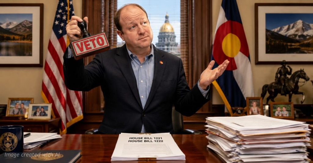 Governor holding veto stamp over bill with questioning expression
