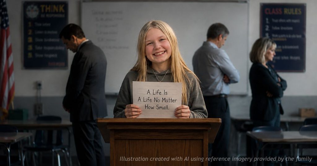 Editorial illustration of a middle school girl holding a pro-life poem in a classroom setting.