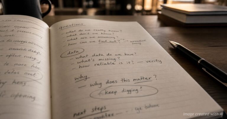 Notebook with handwritten questions and notes reflecting personal reconsideration