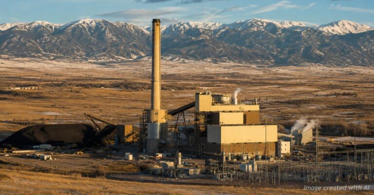 Ray Nixon Power Plant in Colorado with snow-covered Rocky Mountains in the background at sunset.