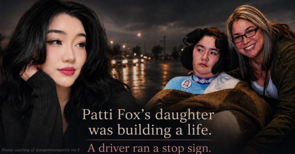 Carissa Aspnes pre-crash on the left; Carissa in a wheelchair beside her mother Patti Fox on the right, against a wet road at dusk.
