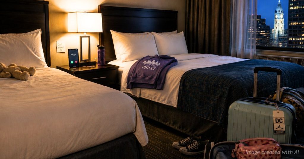 Dim hotel room with child’s belongings and two beds suggesting concern during school trip
