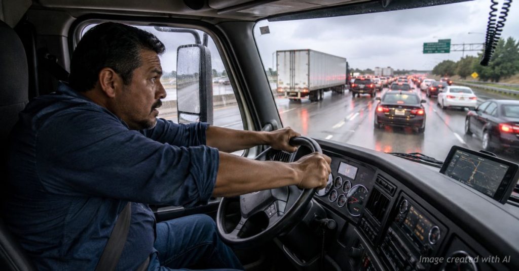 Truck driver braces for impact as traffic suddenly stops ahead on a crowded highway