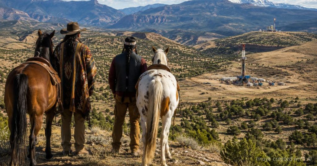Two Ute men with horses overlooking gas drilling site on tribal land