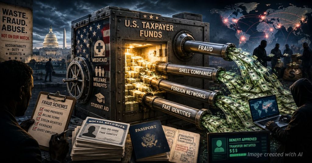 Illustration of taxpayer money being drained into shadowy hands
