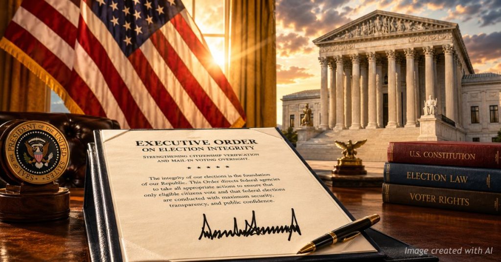 Executive order on election security displayed before American flag and federal courthouse.