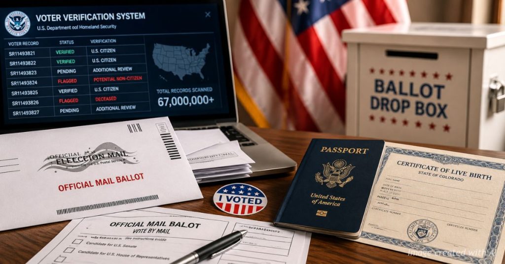 Mail ballots and citizenship documents displayed during debate over voter verification rules.