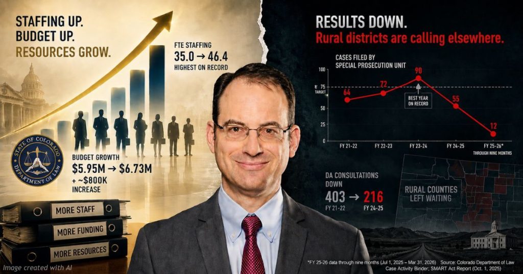Split-panel graphic on Colorado AG Phil Weiser's Special Prosecution Unit: staffing and budget rising while cases filed fall from 90 to 12