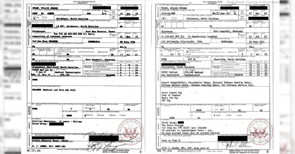 Redacted DD214 military discharge records for Vietnam veteran Willie Jerome Evans Sr.