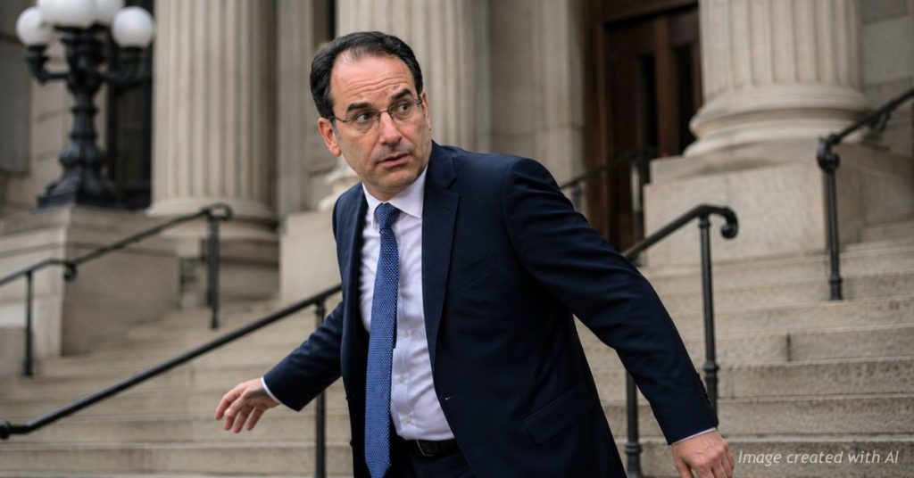 Alt Text: Colorado Attorney General Phil Weiser walks down the Colorado State Capitol steps while looking over his shoulder.