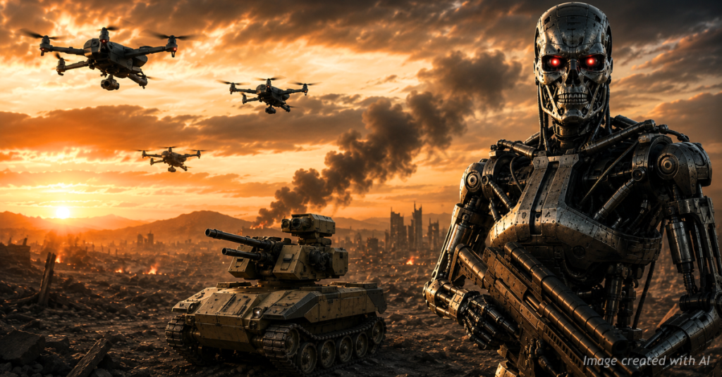 Concept image showing military drones, an autonomous combat vehicle and a humanoid combat robot symbolizing AI warfare.