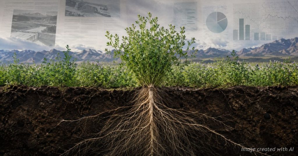 Deep alfalfa roots beneath a Colorado field symbolize overlooked context.