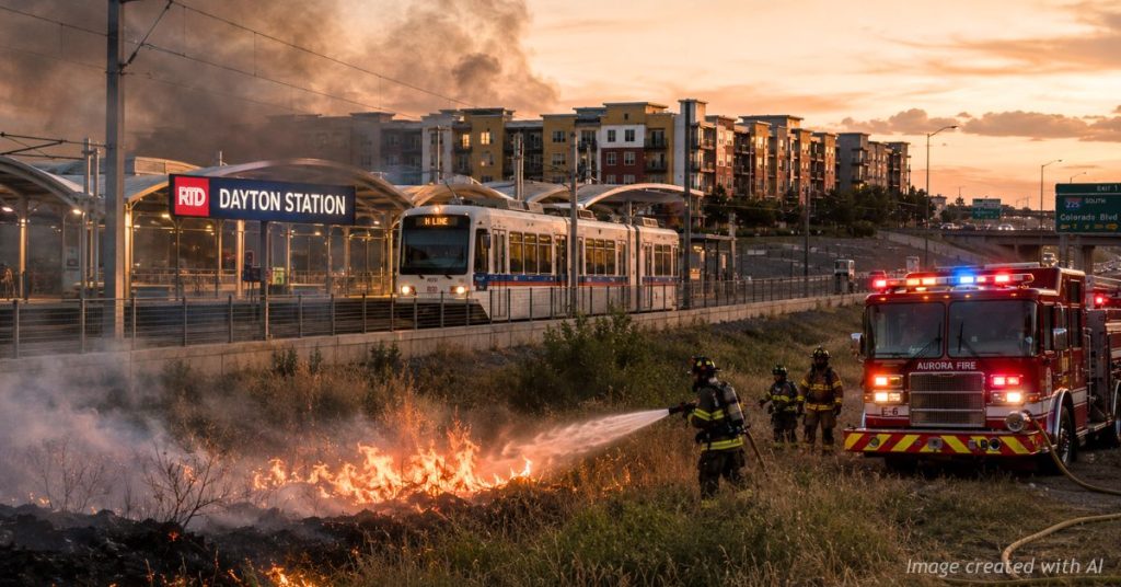 Aurora firefighters battle a brush fire near Dayton Station as an RTD light rail train approaches.