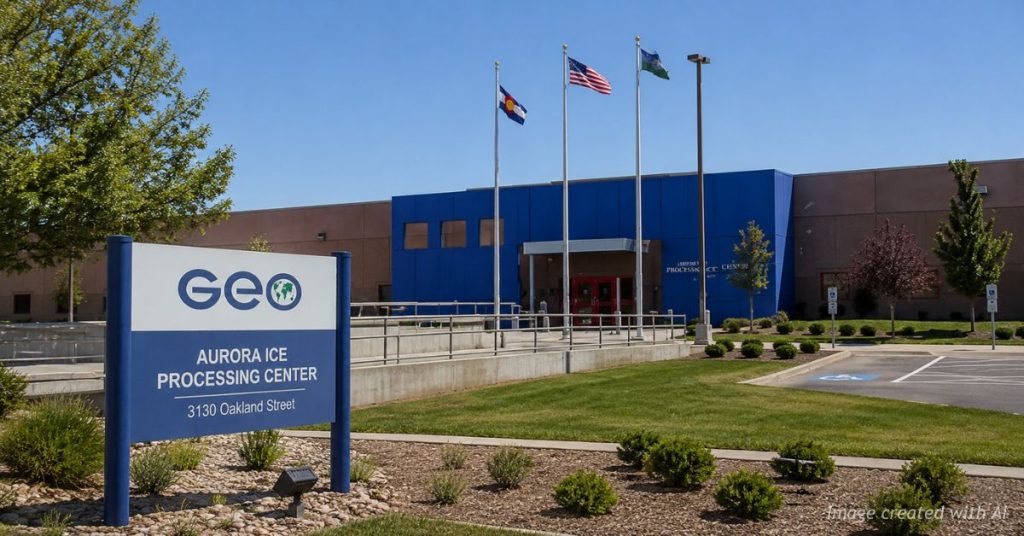 Aurora ICE Processing Center in Aurora, Colorado, shown during spring amid legal dispute over state inspection law.