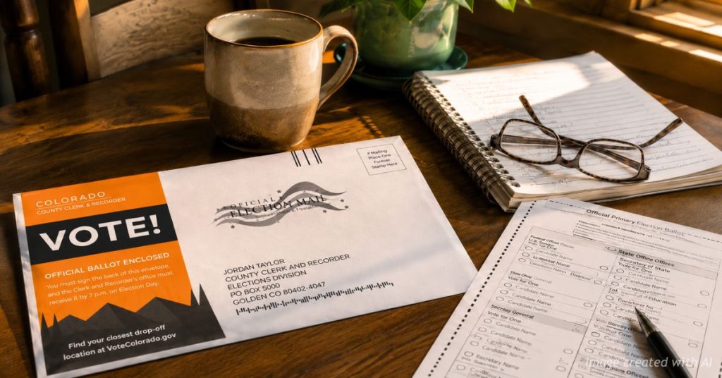 Colorado primary ballot envelope and ballot on a kitchen table beside handwritten notes, reading glasses and a coffee mug in morning light.