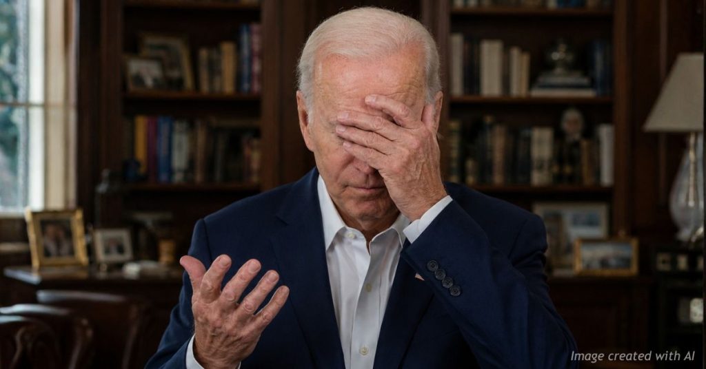Joe Biden in a home library covers his face while appearing distressed and contemplative.