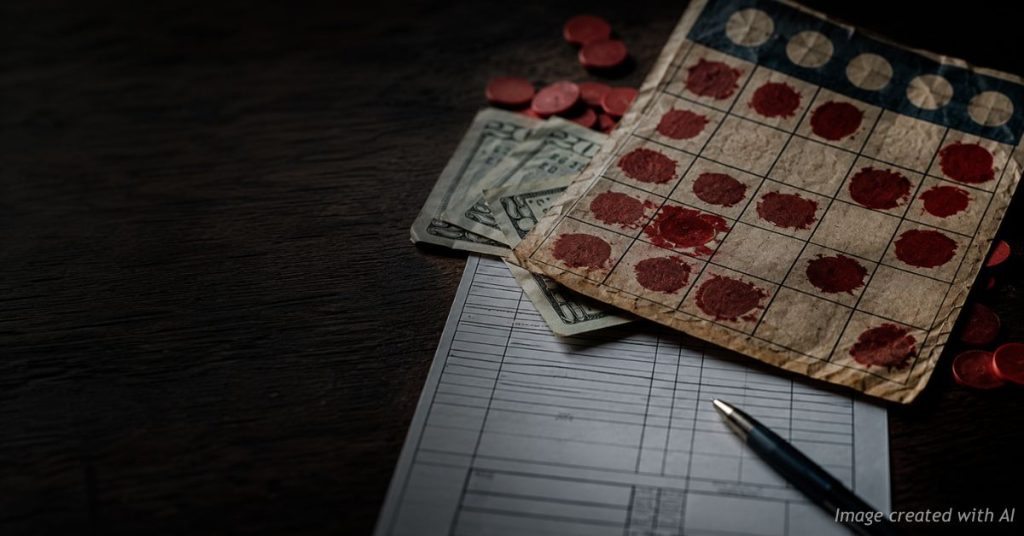 Bingo card marked like redactions over cash and a blank disclosure form — hidden campaign money.