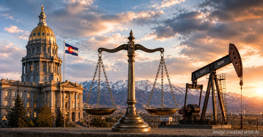 Colorado Capitol, scales of justice and oil pump jack symbolize climate lawsuit debate in Colorado.
