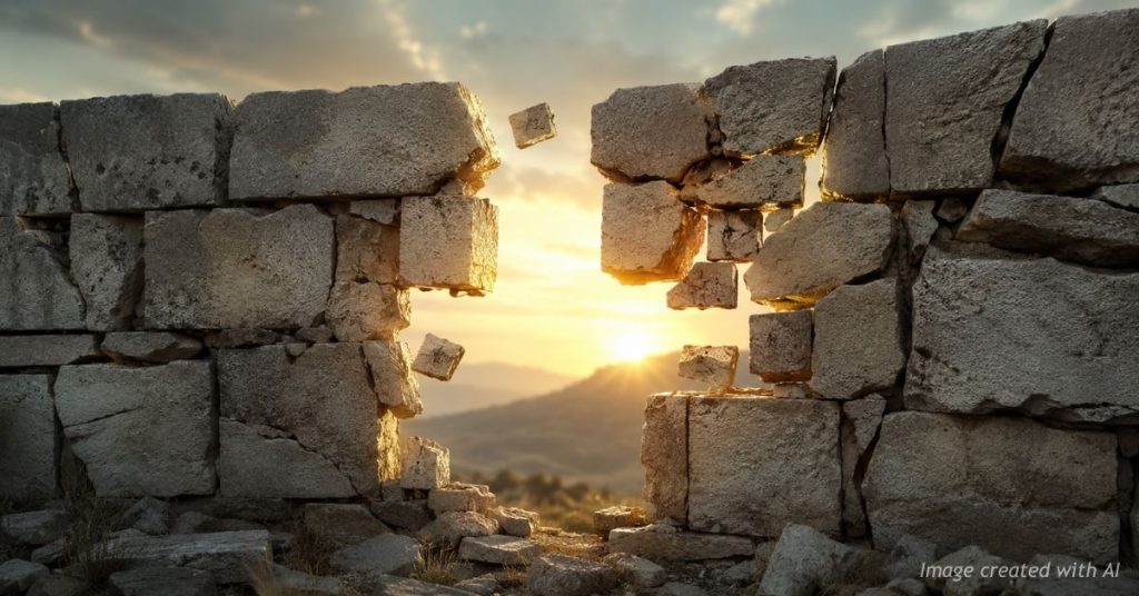 Broken stone wall reconnecting under sunrise light symbolizing trust and reconciliation.
