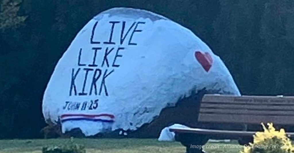 Student tribute to Charlie Kirk painted on a high school spirit rock before school officials removed the message.