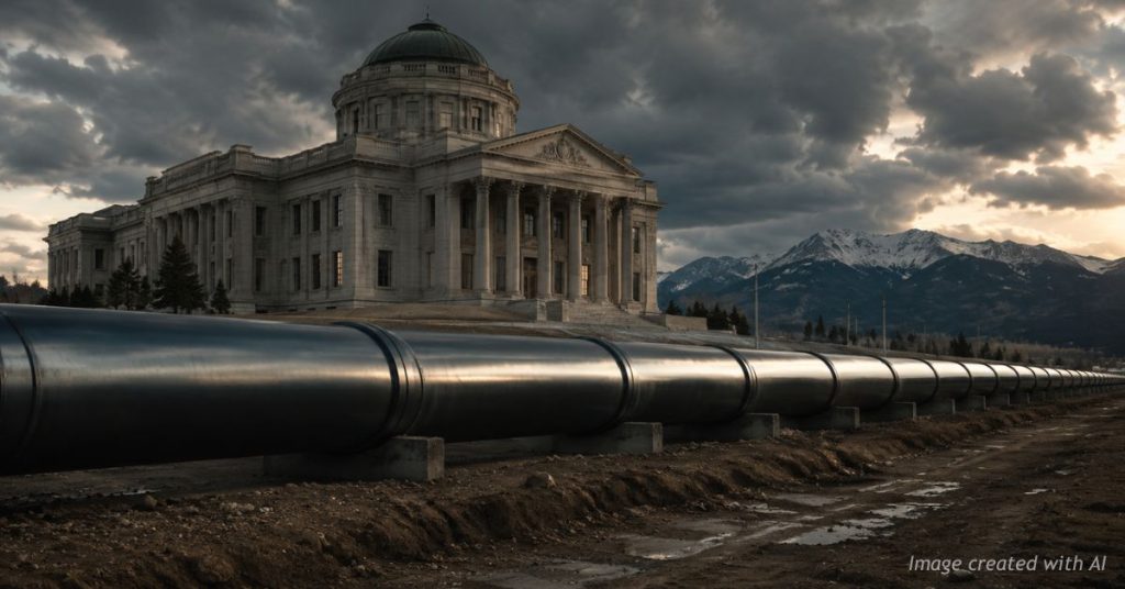Courthouse above an oil pipeline symbolizing climate lawsuits and energy policy disputes.