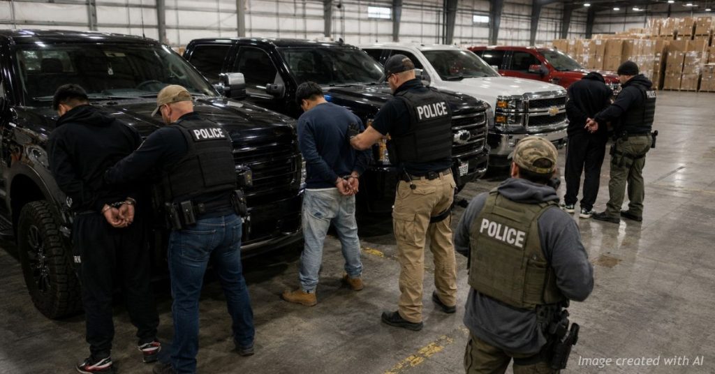 Law enforcement officers arrest multiple suspects beside recovered pickup trucks during a warehouse raid tied to a Colorado auto theft investigation.