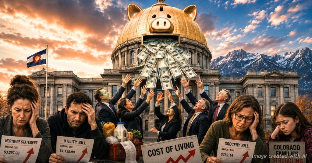Colorado Capitol depicted as a piggy bank releasing government paychecks.