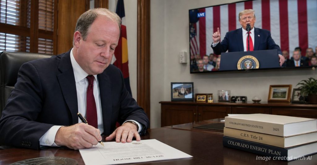Gov. Jared Polis signs House Bill 26-1226 at his desk while President Donald Trump appears on a television behind him.
