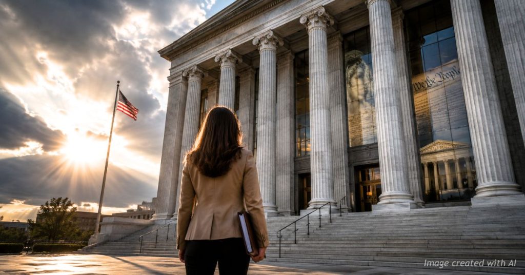Counselor standing before a federal courthouse during a major First Amendment legal challenge.