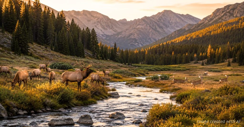 Elk herd and mule deer beside a mountain stream in a Colorado alpine valley at golden hour.