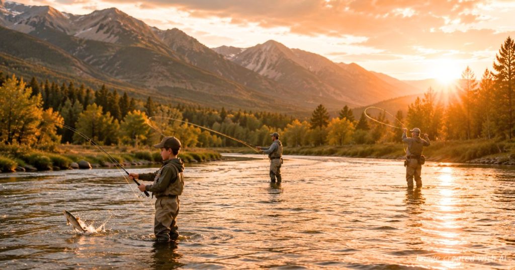 Three generations of Colorado fly fishermen casting in a river at sunset.
