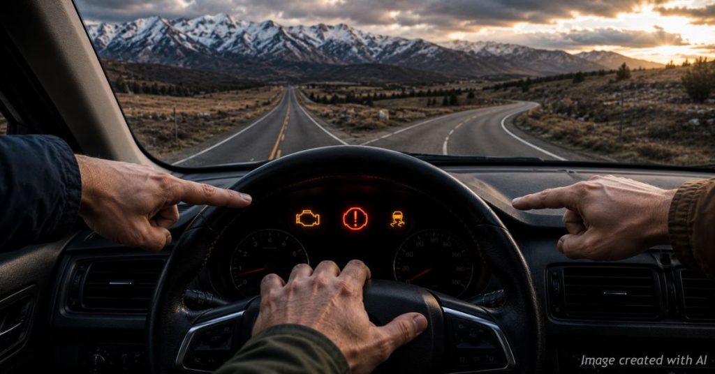 Interior vehicle view showing dashboard warning lights, one hand reaching for the steering wheel and two hands pointing toward the dashboard as a Colorado highway splits ahead beneath mountain peaks.