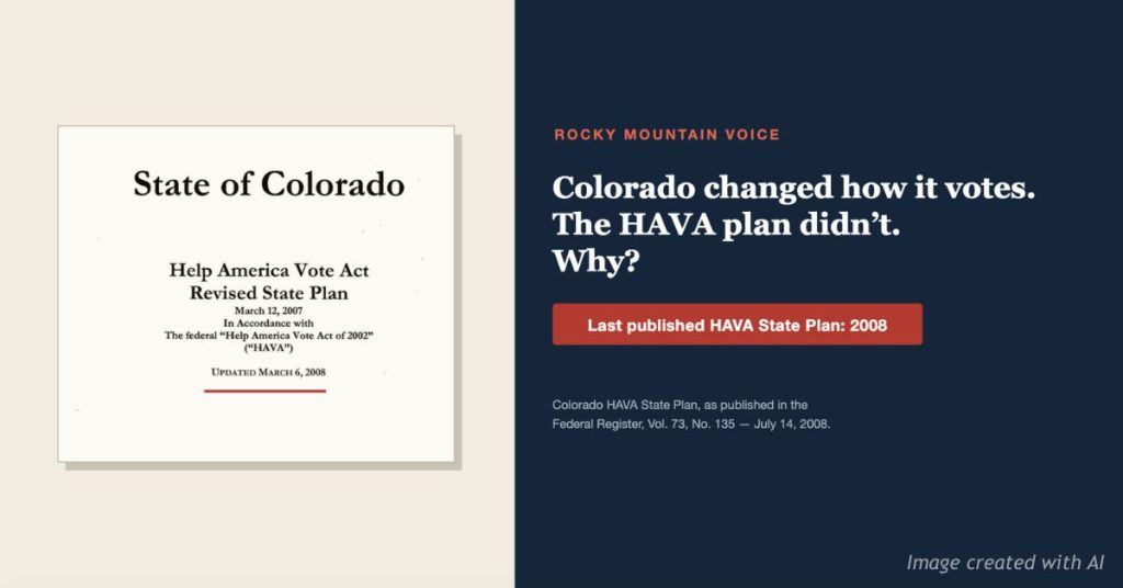 Cover image showing Colorado's 2008 Help America Vote Act State Plan beside the headline "Colorado's election system changed. The HAVA plan didn't."