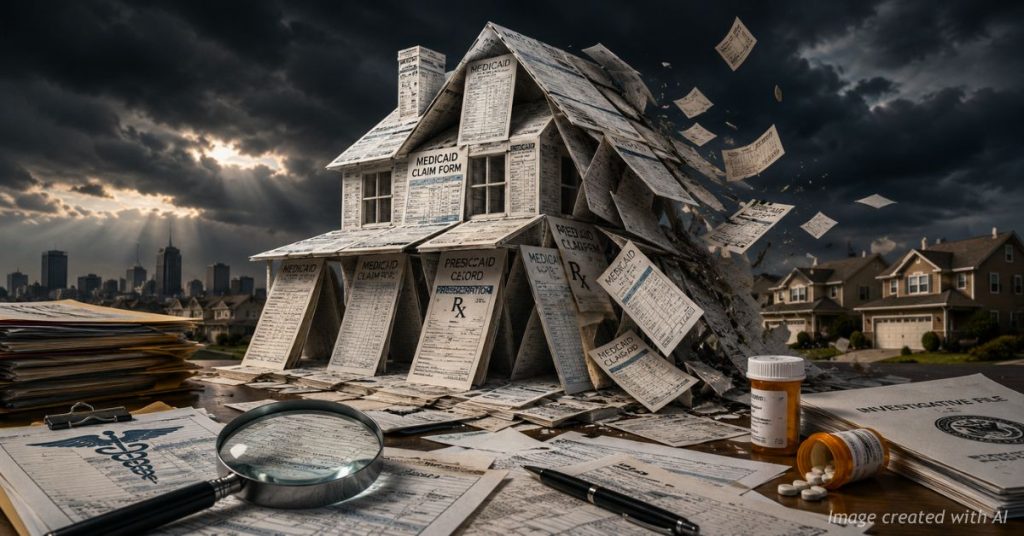 Collapsing house made of Medicaid documents symbolizes Colorado fraud investigation.