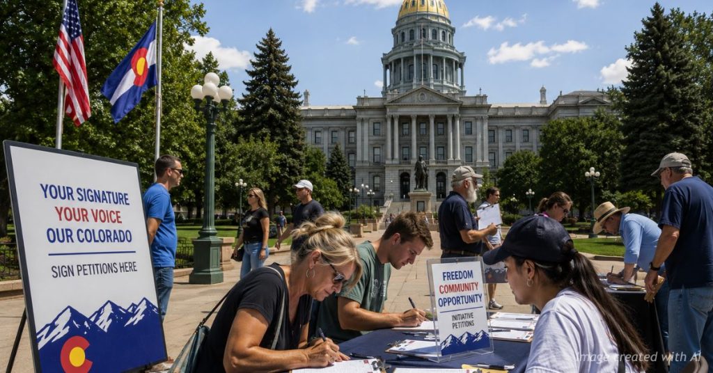 Colorado voters sign ballot initiative petitions outside the State Capitol in Denver.