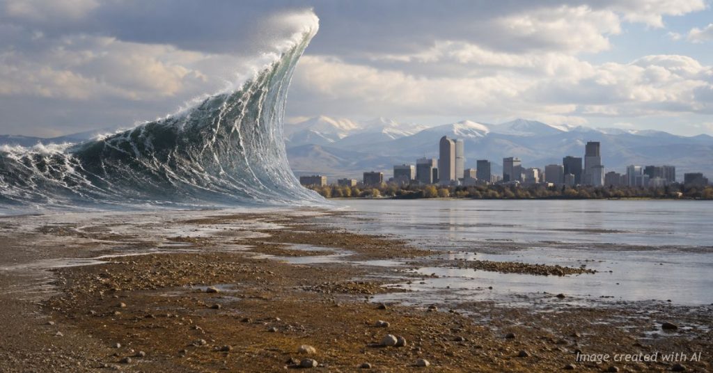 Population wave pulling away from Colorado skyline symbolizing slowing growth.