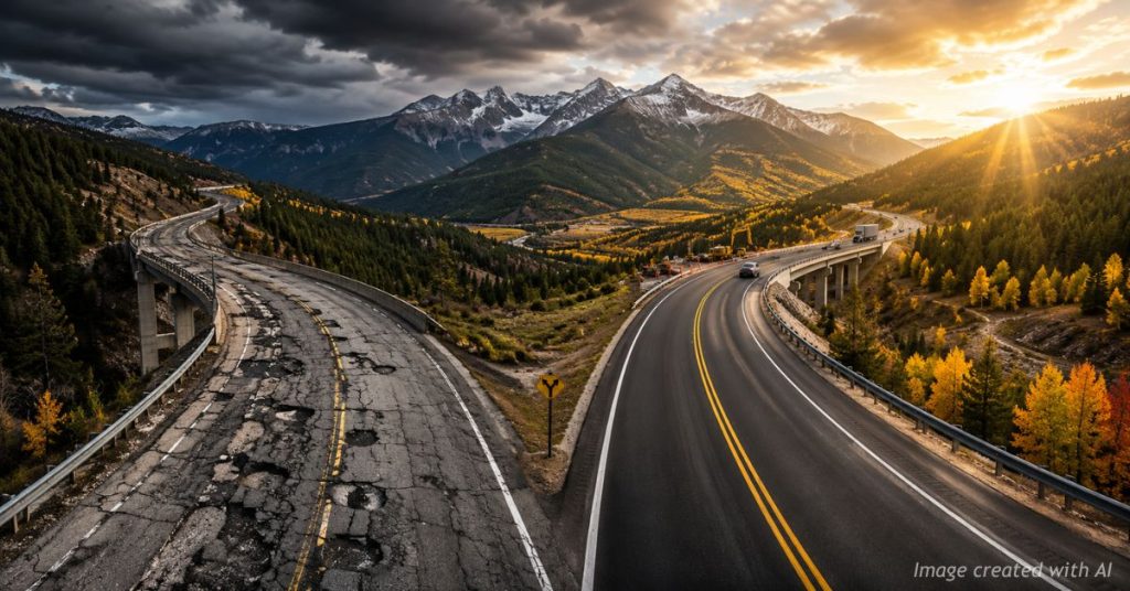 Colorado highway splits between deteriorating roads and modern infrastructure.