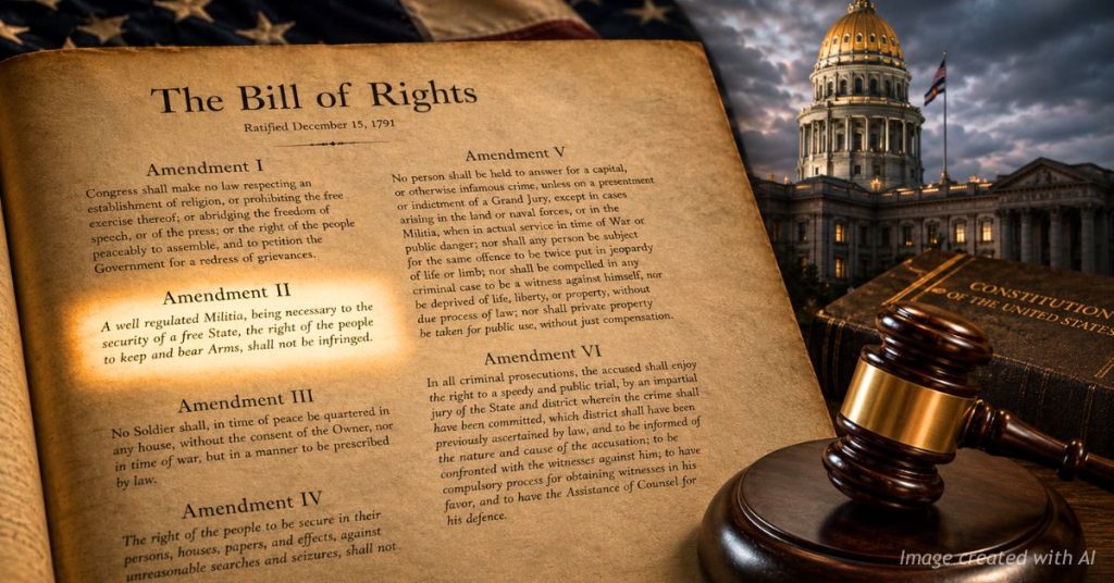 Constitution and Colorado Capitol illustrating legal challenge to firearms dealer law.