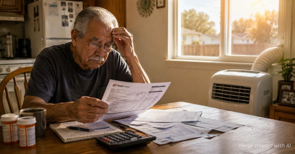 Senior Colorado resident reviews utility bills while cooling home during summer heat wave.