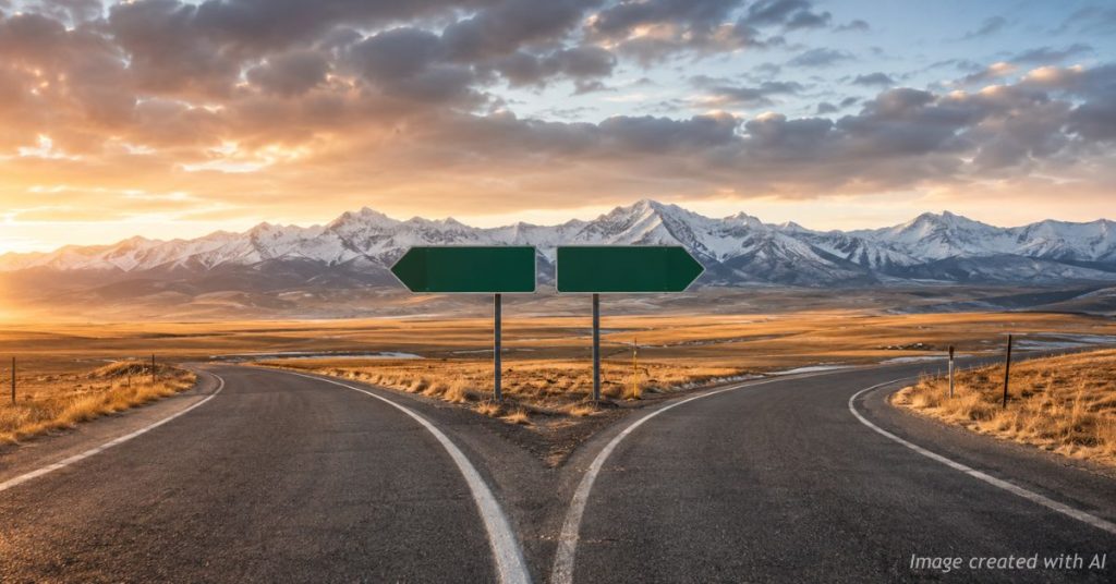 Colorado highway forks two ways under the Rockies, a metaphor for taxpayers weighing whether to stay or leave.